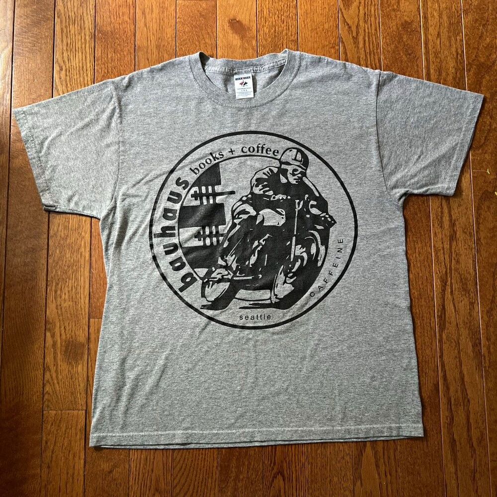 Jerzees Heavyweight Blend Mens L Gray Bauhaus Books Coffee Graphic Tee Seattle